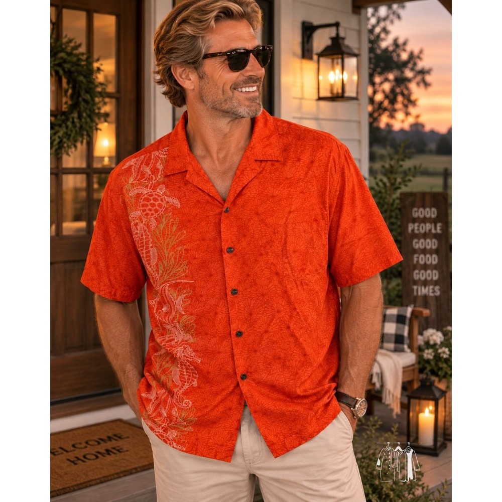 Pacific Legend Hawaiian Shirt Mens 2XL Orange Excellent Sea Turtle Fish USA